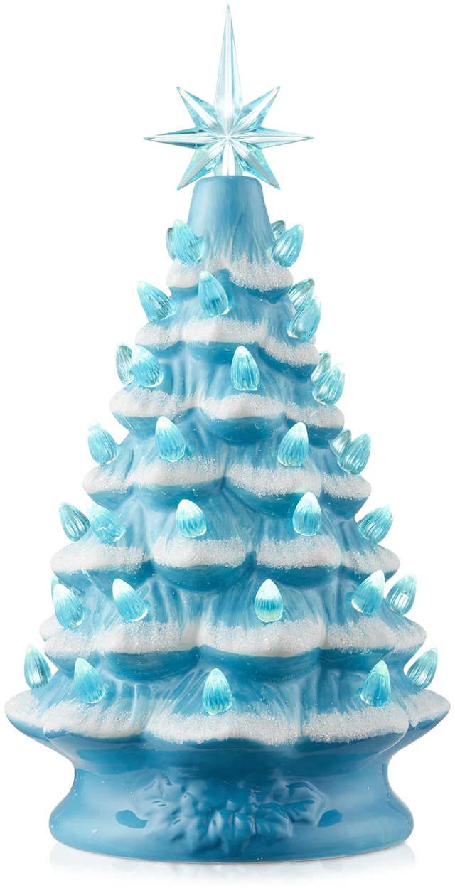 Main image of Casafield Hand Painted Ceramic Christmas Tree, Blue Snow Flocked 12-Inch Pre-Lit Tree with 100 Multi Color Lights and 2 Star Toppers