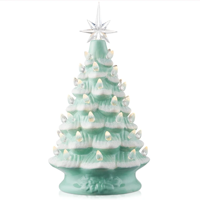 Main image of Casafield Hand Painted Ceramic Christmas Tree, Seafoam Snow Flocked 12-Inch Pre-Lit Tree with 100 Multi Color Lights and 2 Star Toppers