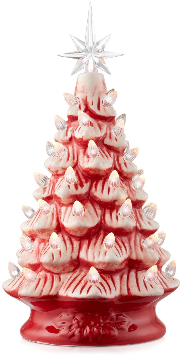 Main image of Casafield Hand Painted Ceramic Christmas Tree, Red and White Peppermint 12-Inch Pre-Lit Tree with 100 Multi Color Lights and 2 Star Toppers