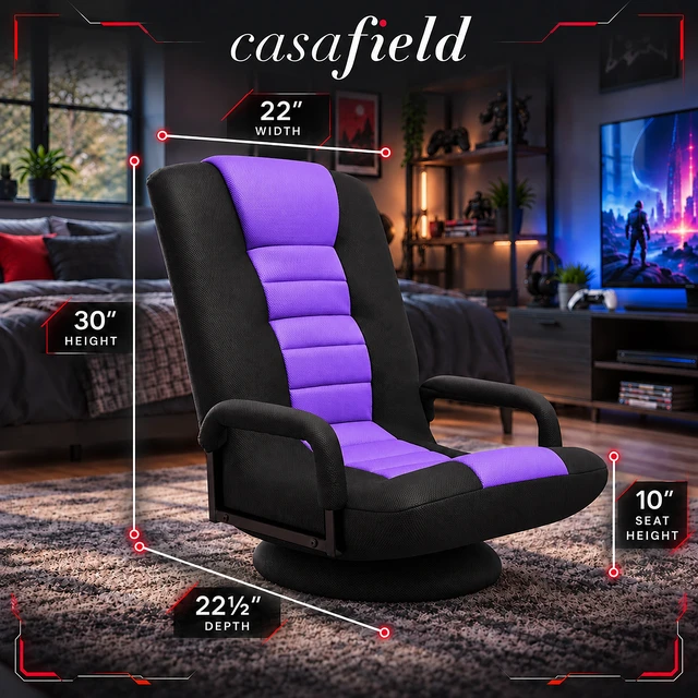 Alt view image 2 of 6 - Casafield Swivel Gaming Floor Chair for TV, Playing Video Games with Armrest and 6 Position Adjustable Backrest - Black/Purple
