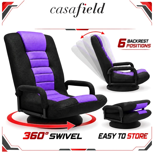 Alt view image 3 of 6 - Casafield Swivel Gaming Floor Chair for TV, Playing Video Games with Armrest and 6 Position Adjustable Backrest - Black/Purple