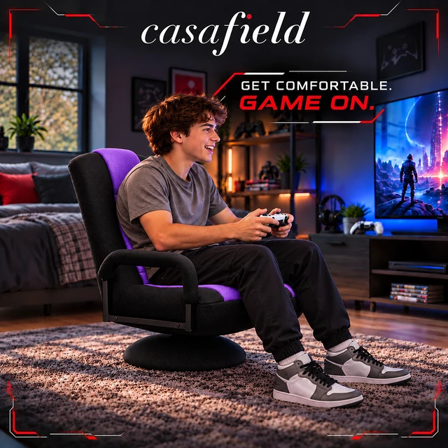 Alt view image 4 of 6 - Casafield Swivel Gaming Floor Chair for TV, Playing Video Games with Armrest and 6 Position Adjustable Backrest - Black/Purple
