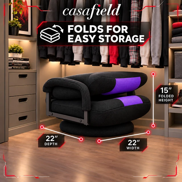 Alt view image 6 of 6 - Casafield Swivel Gaming Floor Chair for TV, Playing Video Games with Armrest and 6 Position Adjustable Backrest - Black/Purple