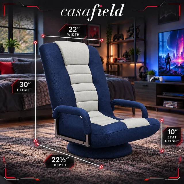 Alt view image 2 of 6 - Casafield Swivel Gaming Floor Chair for TV, Playing Video Games with Armrest and 6 Position Adjustable Backrest - Blue/Gray