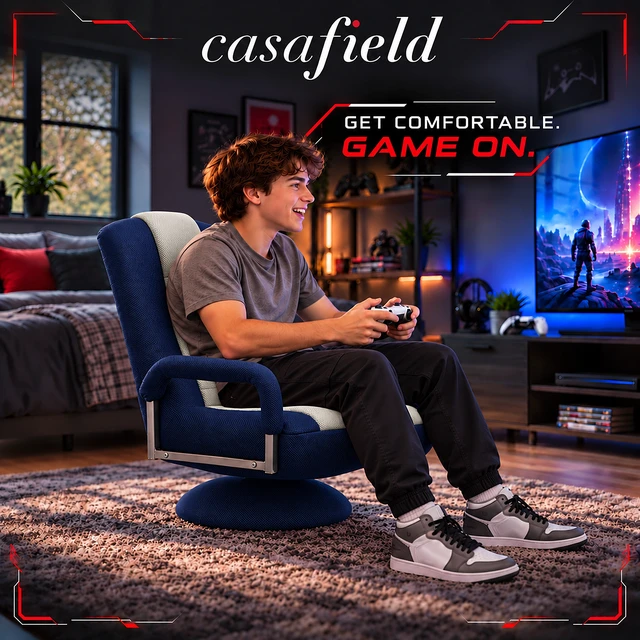 Alt view image 4 of 6 - Casafield Swivel Gaming Floor Chair for TV, Playing Video Games with Armrest and 6 Position Adjustable Backrest - Blue/Gray