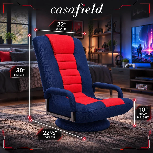 Alt view image 2 of 6 - Casafield Swivel Gaming Floor Chair for TV, Playing Video Games with Armrest and 6 Position Adjustable Backrest - Blue/Red