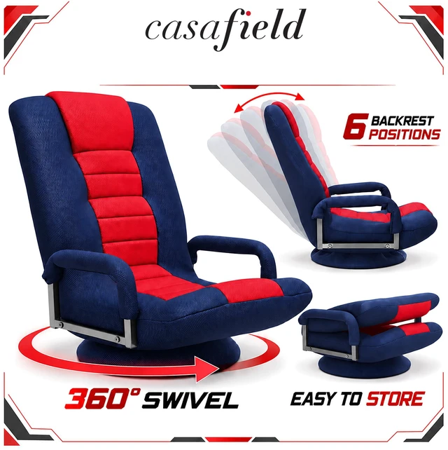 Alt view image 3 of 6 - Casafield Swivel Gaming Floor Chair for TV, Playing Video Games with Armrest and 6 Position Adjustable Backrest - Blue/Red