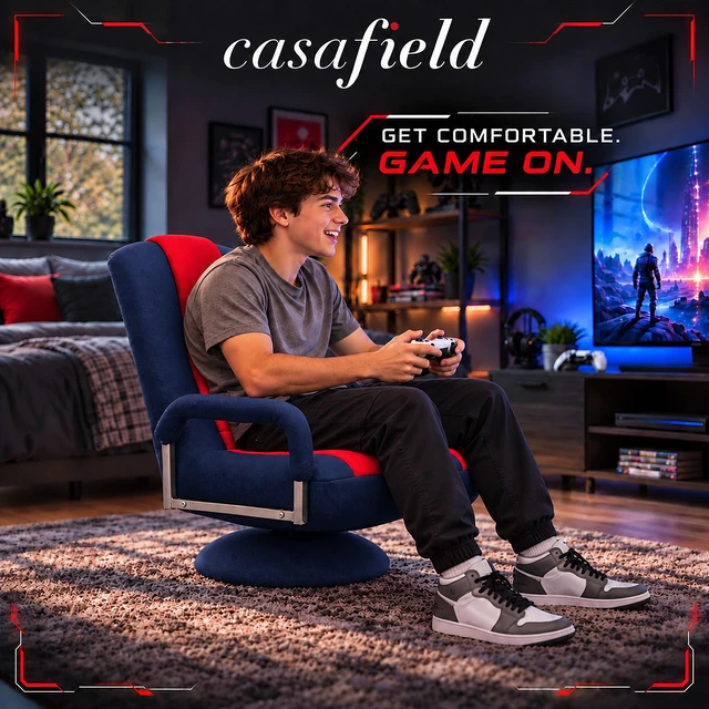 Alt view image 4 of 6 - Casafield Swivel Gaming Floor Chair for TV, Playing Video Games with Armrest and 6 Position Adjustable Backrest - Blue/Red