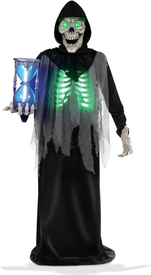 Main image of BOO BOX 6.5ft Halloween Animatronic Grim Reaper, Mr. Grim Outdoor Halloween Decoration Standing Poseable Figure with Rotating Head, Light-up, Sound and Motion Activated