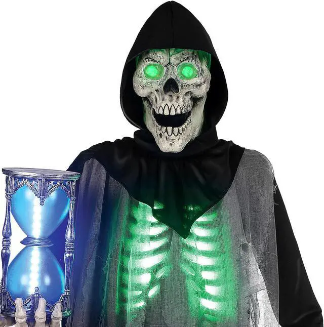 Alt view image 2 of 7 - BOO BOX 6.5ft Halloween Animatronic Grim Reaper, Mr. Grim Outdoor Halloween Decoration Standing Poseable Figure with Rotating Head, Light-up, Sound and Motion Activated