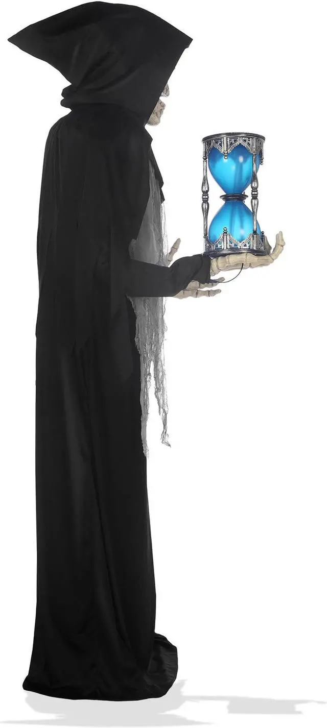Alt view image 4 of 7 - BOO BOX 6.5ft Halloween Animatronic Grim Reaper, Mr. Grim Outdoor Halloween Decoration Standing Poseable Figure with Rotating Head, Light-up, Sound and Motion Activated