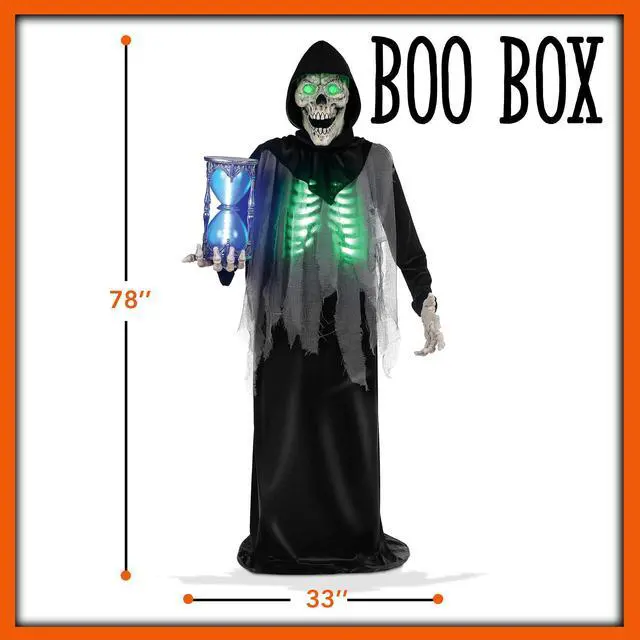 Alt view image 6 of 7 - BOO BOX 6.5ft Halloween Animatronic Grim Reaper, Mr. Grim Outdoor Halloween Decoration Standing Poseable Figure with Rotating Head, Light-up, Sound and Motion Activated