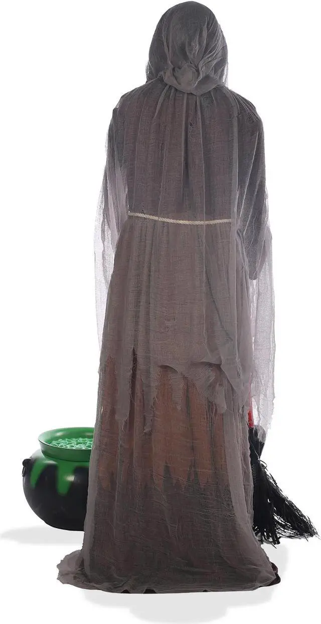 Alt view image 3 of 7 - BOO BOX  6ft Halloween Animatronic Witch with Light and Sound Cauldron, Outdoor Halloween Decoration, Moving Mouth, Hand, Broom, Light-up Sound and Motion Activated