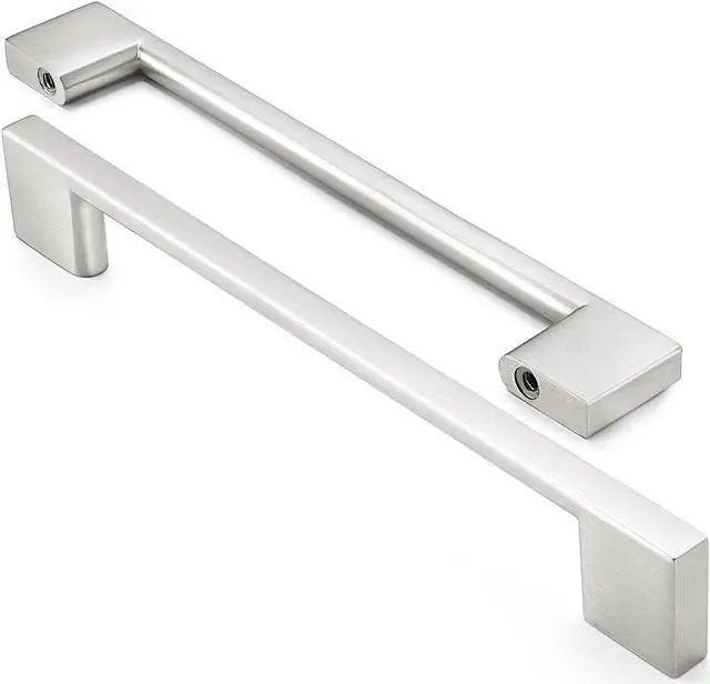 Alt view image 2 of 7 - Cauldham 10 Pack Solid Kitchen Cabinet Pulls Handles (6-5/16" Hole Centers) - Modern Thin Profile Drawer/Door Hardware - Style M255 - Satin Nickel