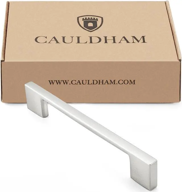 Alt view image 4 of 6 - Cauldham 5 Pack Solid Kitchen Cabinet Pulls Handles (5" Hole Centers) - Modern Thin Profile Drawer/Door Hardware - Style M255 - Satin Nickel
