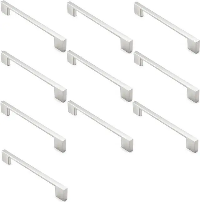 Alt view image 3 of 7 - Cauldham 10 Pack Solid Kitchen Cabinet Pulls Handles (6-5/16" Hole Centers) - Modern Thin Profile Drawer/Door Hardware - Style M255 - Satin Nickel