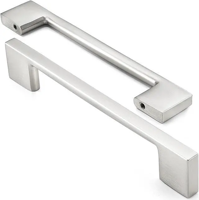 Alt view image 2 of 6 - Cauldham 5 Pack Solid Kitchen Cabinet Pulls Handles (5" Hole Centers) - Modern Thin Profile Drawer/Door Hardware - Style M255 - Satin Nickel