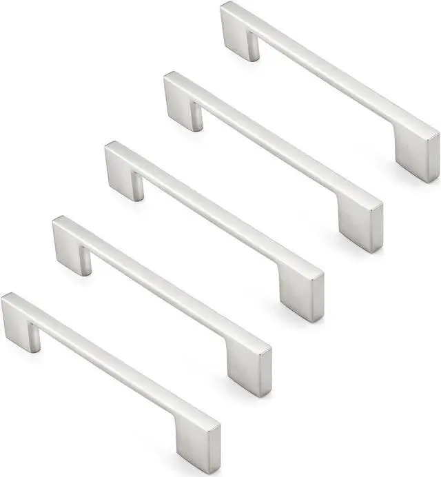 Alt view image 3 of 6 - Cauldham 5 Pack Solid Kitchen Cabinet Pulls Handles (5" Hole Centers) - Modern Thin Profile Drawer/Door Hardware - Style M255 - Satin Nickel