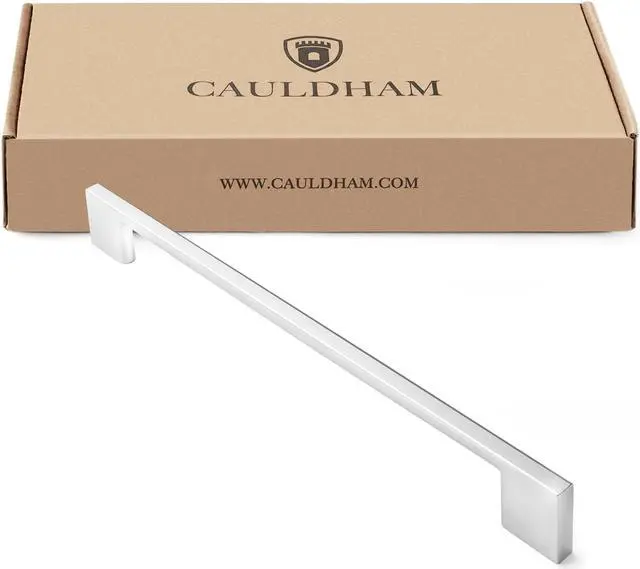 Alt view image 4 of 7 - Cauldham 10 Pack Solid Kitchen Cabinet Pulls Handles (9" Hole Centers) - Modern Thin Profile Drawer/Door Hardware - Style M255 - Polished Chrome