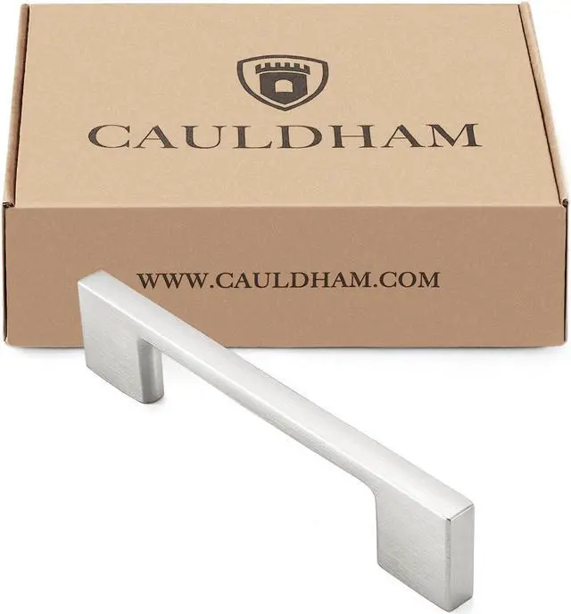 Alt view image 4 of 7 - Cauldham 10 Pack Solid Kitchen Cabinet Pulls Handles (3-5/8" Hole Centers) - Modern Thin Profile Drawer/Door Hardware - Style M255 - Satin Nickel