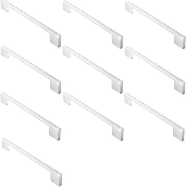Alt view image 3 of 7 - Cauldham 10 Pack Solid Kitchen Cabinet Pulls Handles (6-5/16" Hole Centers) - Modern Thin Profile Drawer/Door Hardware - Style M255 - Polished Chrome