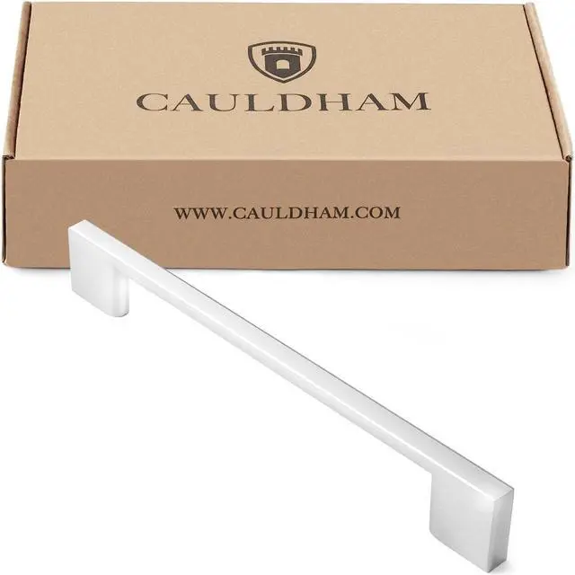 Alt view image 4 of 7 - Cauldham 10 Pack Solid Kitchen Cabinet Pulls Handles (6-5/16" Hole Centers) - Modern Thin Profile Drawer/Door Hardware - Style M255 - Polished Chrome