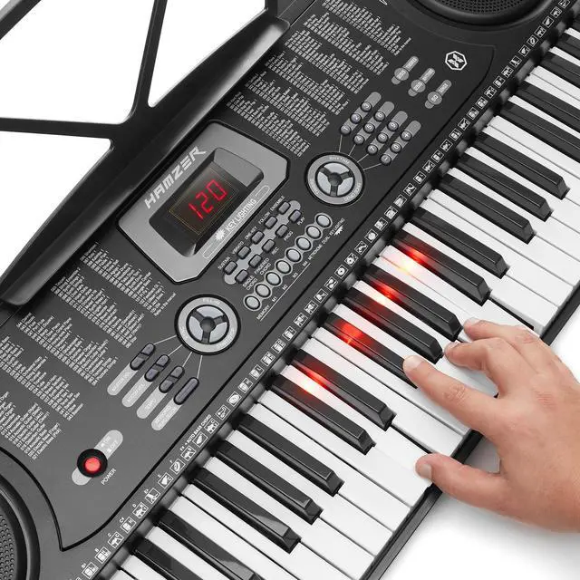 Alt view image 3 of 6 - Hamzer 61 Key Keyboard Piano with Lighted Keys, Built-In Speakers, Stand, Bench, & Key Labels - Portable Electronic Musical Keyboard Set for Beginners