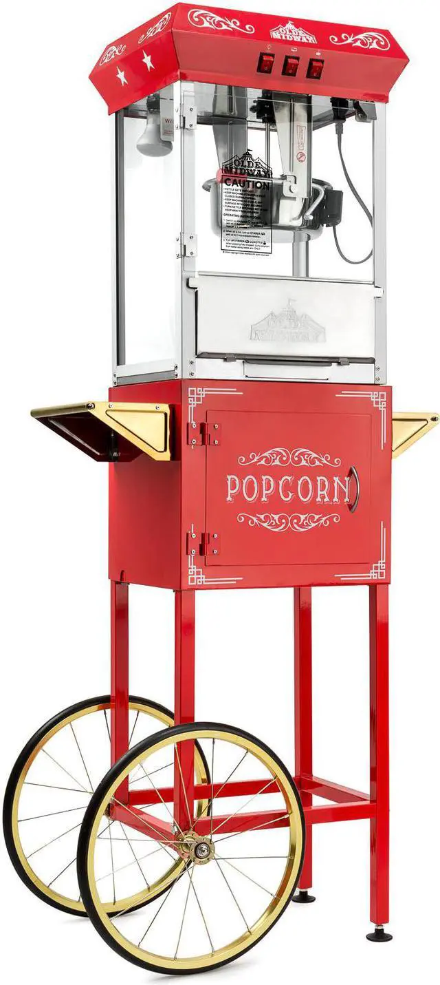 Main image of Olde Midway Vintage Style Popcorn Machine Maker Popper with Cart and 8-Ounce Kettle - Red