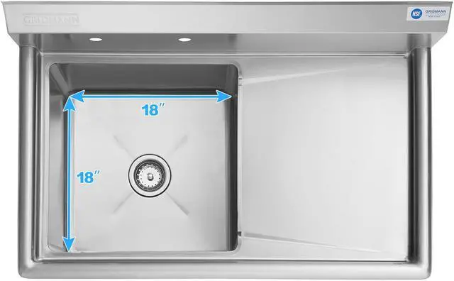 Alt view image 3 of 11 - GRIDMANN Stainless Steel 1 Compartment Utility Sink with Right Drainboard, NSF Certified Commercial Kitchen Sink, 18" x 18" x 12" Bowl
