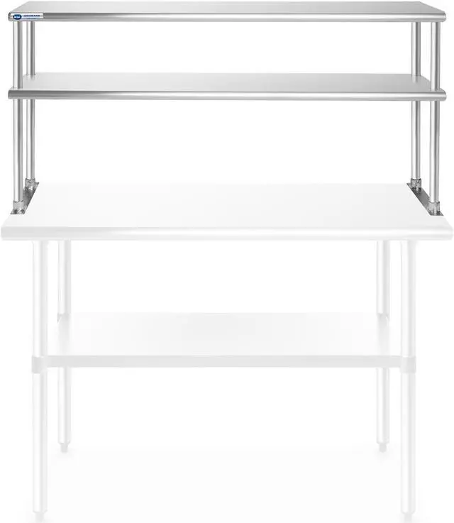 Alt view image 4 of 5 - gridmann nsf stainless steel commercial kitchen prep & work table 2 tier double overshelf  48 in. x 12 in.