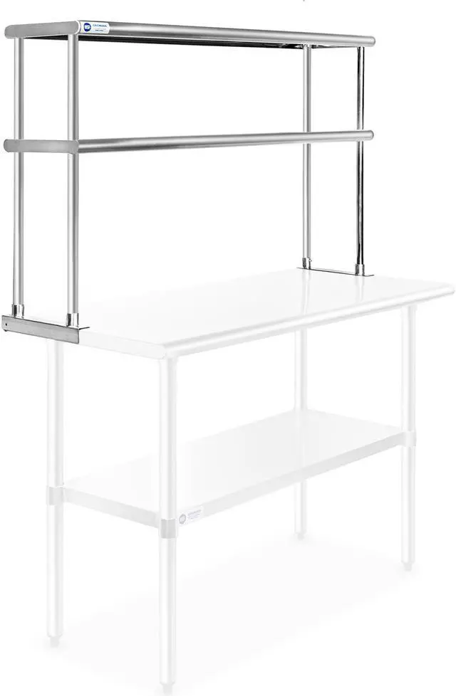 Main image of gridmann nsf stainless steel commercial kitchen prep & work table 2 tier double overshelf  48 in. x 12 in.
