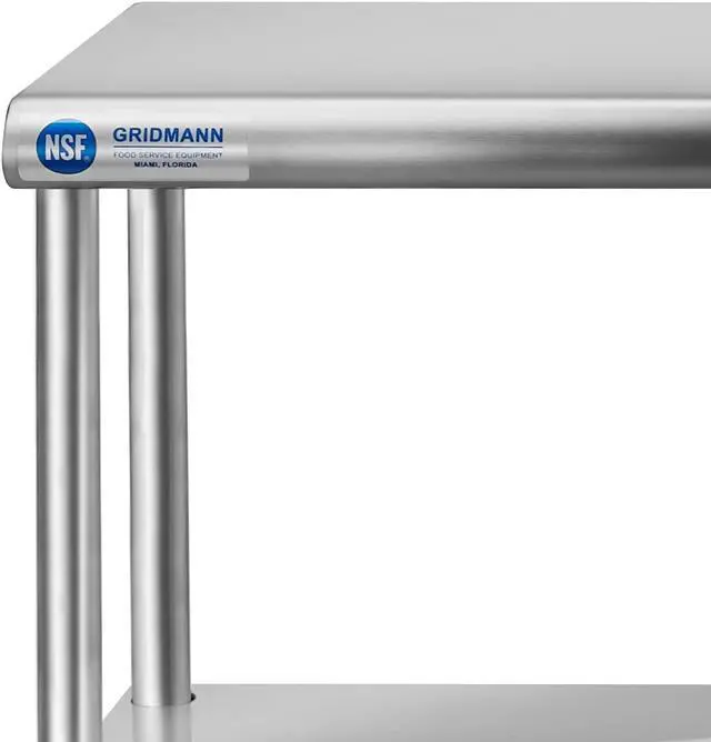 Alt view image 5 of 5 - gridmann nsf stainless steel commercial kitchen prep & work table 2 tier double overshelf  48 in. x 12 in.