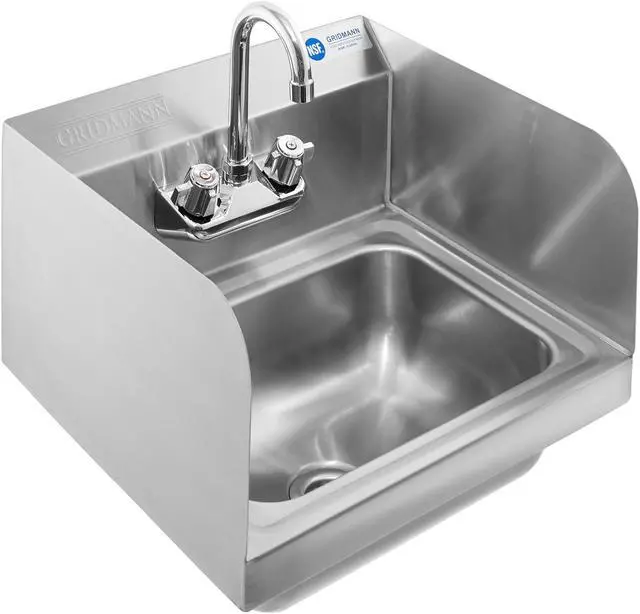 Main image of GRIDMANN Commercial NSF Stainless Steel Sink with Faucet & Side Splashes - Wall Mount Hand Washing Basin
