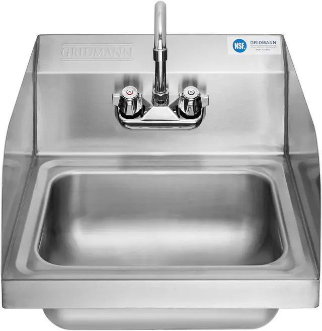 Alt view image 2 of 9 - GRIDMANN Commercial NSF Stainless Steel Sink with Faucet & Side Splashes - Wall Mount Hand Washing Basin