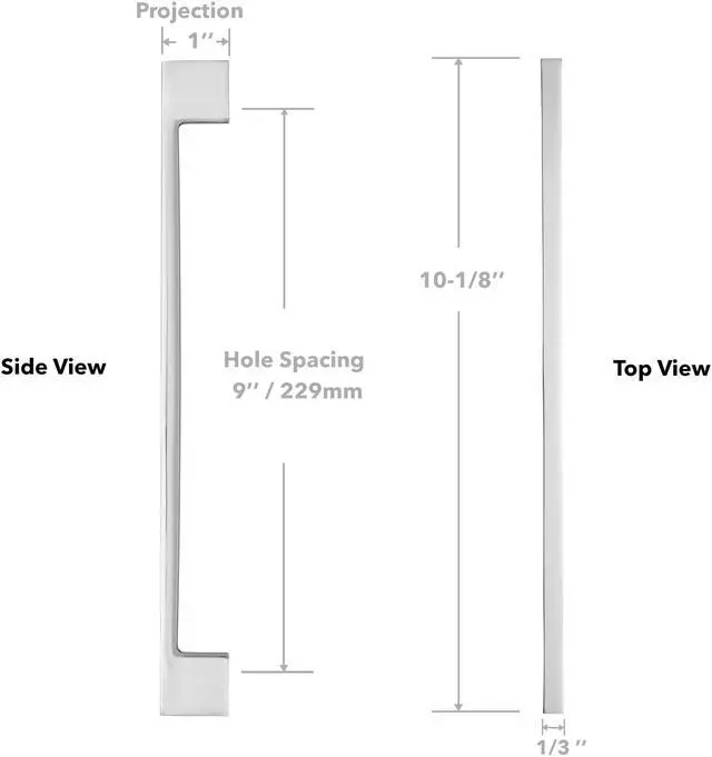 Alt view image 5 of 7 - Cauldham 10 Pack Solid Kitchen Cabinet Pulls Handles (9" Hole Centers) - Modern Thin Profile Drawer/Door Hardware - Style M255 - Polished Chrome