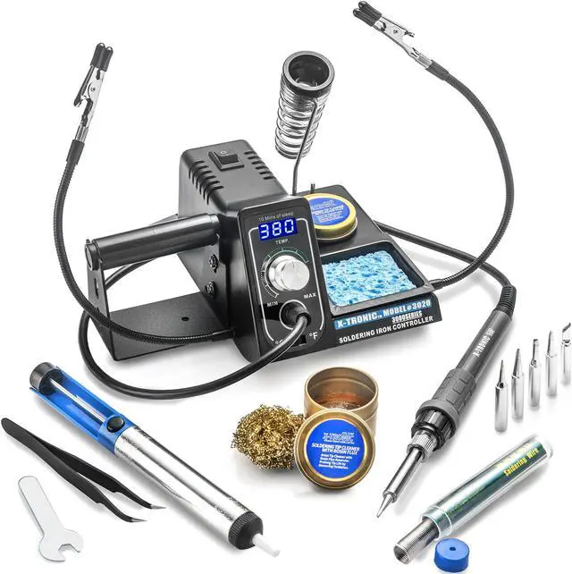 Main image of X-Tronic 75 Watt Model #3020 Soldering Iron Station - 2 Helping Hands, 5 Extra Tips, Solder Roll Holder, Brass Tip Cleaner w/Cleaning Flux, Solder Sucker, Solder & Tweezers - C/F & 10 Min Sleep Func