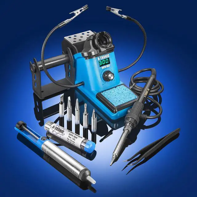 Alt view image 2 of 7 - X-Tronic 9070-XR3 - 90 Watt Heavy Duty Fine to Medium Gauge Wire LED Soldering Iron Station with Sleep, °C/°F & Calibration Function - 5 Extra Solder Tips, Solder Sucker, Tweezers & Tube of Solder