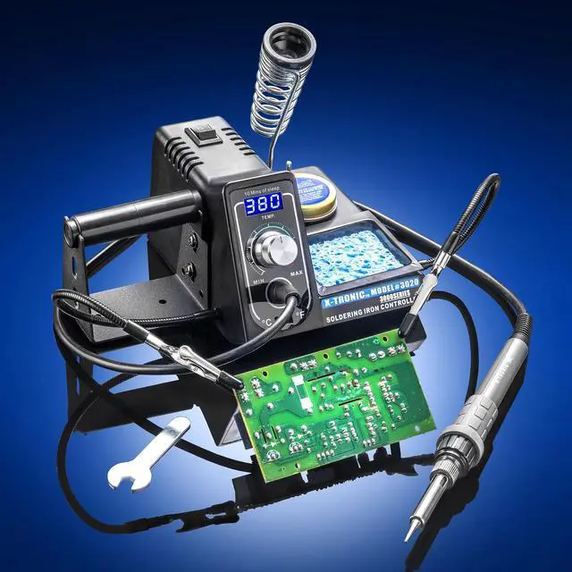 Alt view image 4 of 7 - X-Tronic Model #3020 LED Soldering Iron Station with 2 Helping Hands, 5 Extra Sizes of Solder Tips, 10 Minute Sleep Func, C/F Switch, Solder Roll Holder, Brass Tip Cleaner w/Cleaning Flux & Wet Sponge