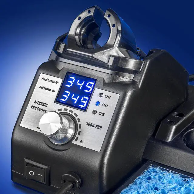 Alt view image 5 of 7 - X-Tronic's 3060-PRO • Dual LED Display • 75 W Soldering Iron Station • 5 Extra Tips • Mag Lamp • 4 Helping Hands • 50g Roll of Solder • Brass Sponge w/Flux • 3 Temp Presets, Calibration, Sleep & C/F