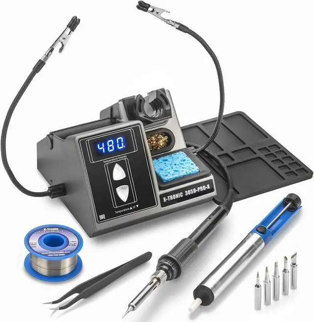 Main image of X-Tronic Model 3050-PRO-X Digital LED Soldering Iron Station with 2 Convenient Helping Hands, 1-30 Minute Sleep Function, C/F Programmable, Solder Roll Holder, Brass Tip Cleaner, Wet Sponge