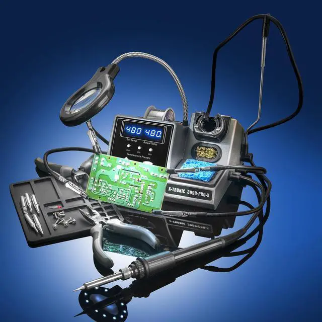 Alt view image 3 of 7 - X-Tronic 3090-PRO-X  75 W Soldering Iron Station  5 Extra Tips, 2 LED Displays, Sleep Func, C/F, 3 Temp Presets, Mini Mag Lamp, 4 Helping Hands, Solder Sucker, Tweezers, Solder, Brass & Wet Sponges
