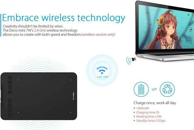Alt view image 2 of 7 - XP-PEN Deco mini7W Wireless Graphics Drawing Tablet with Battery-Free Stylus, 7 "x 4.37" Drawing Tablet