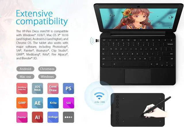 Alt view image 7 of 7 - XP-PEN Deco mini7W Wireless Graphics Drawing Tablet with Battery-Free Stylus, 7 "x 4.37" Drawing Tablet