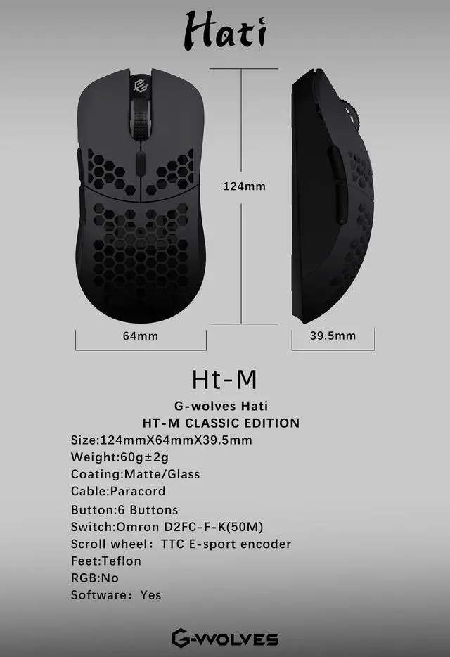 Alt view image 3 of 4 - G-Wolves Hati HT-M 3360 Ultra Lightweight Honeycomb Shell Wired Gaming Mouse up to 12000 cpi - 6 Buttons - 2.18 oz (61g) (Black & Dark Grey)