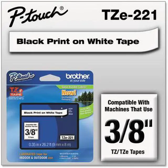 Alt view image 3 of 20 - Brother P-touch TZe Laminated Tape Cartridges - 3/8" Width x 26 1/5 ft Length - Rectangle - White - 1 Each  BRTTZE221