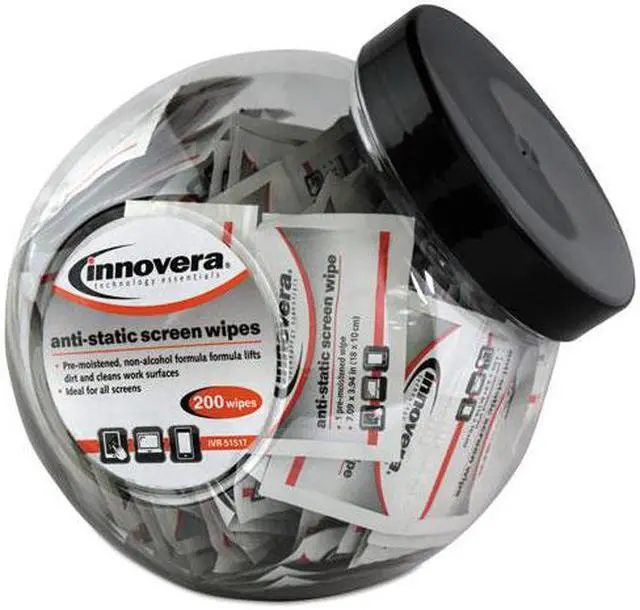 Main image of Innovera 51517 Anti-Static Screen Cleaning Wipes, 200 Sachets, Fishbowl Black Top