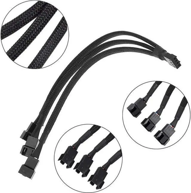Main image of 3 Pack PWM Fan Splitter, Black Sleeved Braided Y Computer Fan Splitter,4 pin Fan Adapter Cable, CPU Fan Splitter 1 to 3 Converter,Fan Extension Power Cable.(1 to 3)
