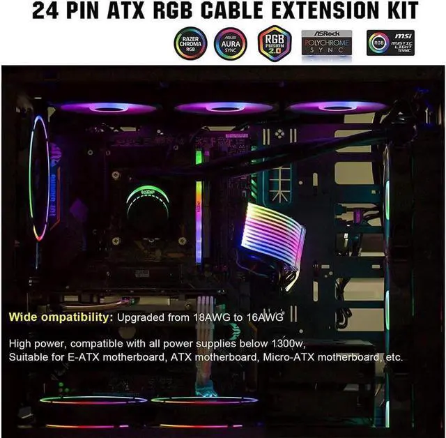 Main image of Pccooler Power Supply Sleeved Cable, Customization 24 Pin Atx Rgb Cable Extension Kit 16Awg, 5V 3Pin Synchronized Psu Cable For Rgb Software From All Major Motherboard Cable Management