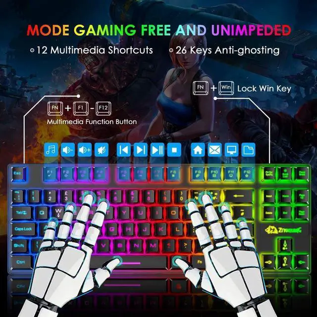 Alt view image 3 of 7 - Gaming Keyboard and Mouse Combo,88 Keys Compact Rainbow Backlit Mechanical Feel Keyboard, RGB Backlit 6400 DPI Lightweight Gaming Mouse with Honeycomb Shell for Windows PC Gamers (Black)