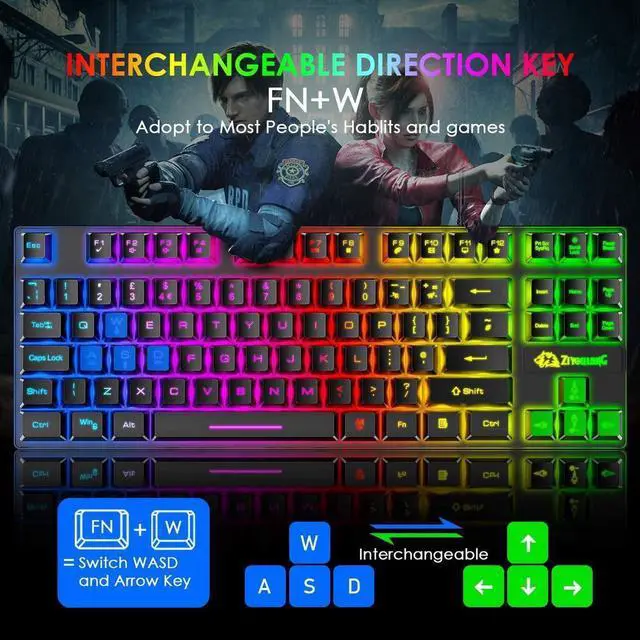 Alt view image 4 of 7 - Gaming Keyboard and Mouse Combo,88 Keys Compact Rainbow Backlit Mechanical Feel Keyboard, RGB Backlit 6400 DPI Lightweight Gaming Mouse with Honeycomb Shell for Windows PC Gamers (Black)